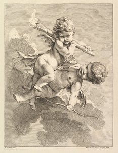Zwei Cupidos, einer trägt eine Fackel, der andere einen Bogen