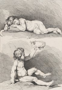 Zwei nackte Kinder, eines schlafend und das andere hält einen Kranz, aus New Book of Childr...