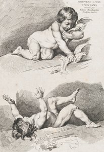 Zwei nackte Kinder spielen mit einem Blatt, aus dem Neuen Buch der Kinder, 1720-60
