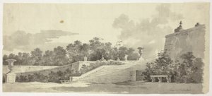 Blick auf den Park von Versailles: Treppe, Urnen und Formschnitte