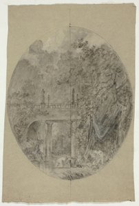 Blick auf den Park von Versailles: Frauen baden unter einer Brücke
