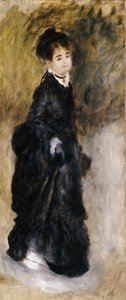 Eine junge Frau, ganzfigur, hält ihren Rock hoch, 1877