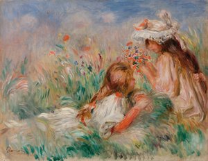 Mädchen im Gras arrangiert einen Blumenstrauß von Pierre Auguste Renoir