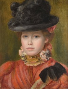 Mädchen mit schwarzem Hut und roten Blumen von Pierre Auguste Renoir