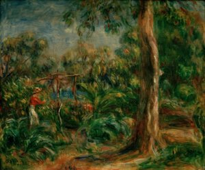 Der große Baum. Frau im roten Korsett im Garten von Ca von Pierre Auguste Renoir