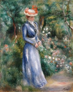 Frau in einem blauen Kleid im Garten von Saint-Cloud