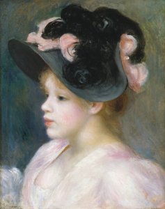 Junges Mädchen mit rosa-schwarzem Hut von Pierre Auguste Renoir
