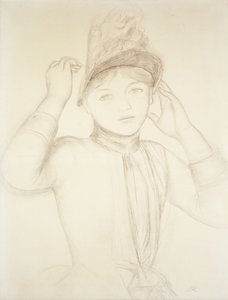 Junge Frau, die ihren Hut richtet; Jeune Fille Arrangeant son Chapeau, um 1885 von Pierre Auguste Renoir