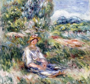 Junge Frau, die in einer Wiese sitzt von Pierre Auguste Renoir