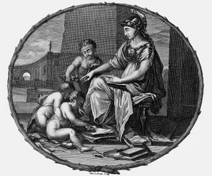 Weibliche Allegorie der Vernunft und Kreativität, umgeben von Kindern, 1695-1697