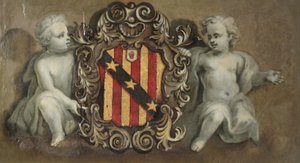 Zwei Putti, die ein Wappen mit den Elton-Armen tragen, ca. 1710-20