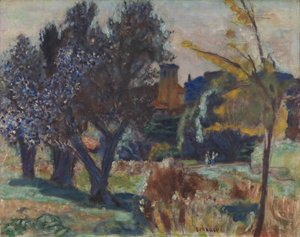 Landschaft mit Olivenbäumen und einer Kapelle