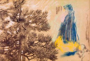 Studienblatt: Nadelbaum, Mädchen im Kapuzenmantel, Porträt eines Mannes