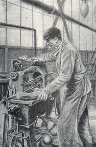 Schneiden von Gewehrkolben in einer Waffenfabrik, Gravur von Pierre Calmette, Privatsammlung von Pierre Calmettes