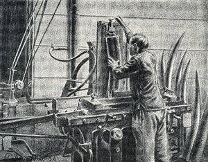 Elfenbeinschnitzer schneidet Elefantenstoßzähne, Gravur aus "Exkursion durch die Berufe" von Pierre Calmette, Privatsammlung von Pierre Calmettes