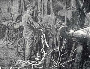 Lederindustrie: Mechanisches Mähen von Fellen, Gravur aus "Exkursion durch die Berufe" von Pierre Calmette, Privatsammlung von Pierre Calmettes
