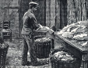 Leder: Spalten von Kaninchenfellen zur Lederherstellung, Gravur aus "Excursion à travers les métiers" von Pierre Calmette, Privatsammlung