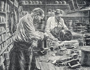 Seidenzylinder-Herstellung. Gravur von Pierre Calmette. Private Sammlung