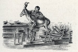 Präparation: Ein Präparator stopft ein Hartebeest in seiner Werkstatt, Gravur aus "Exkursion durch die Berufe" von Pierre Calmette, Privatsammlung