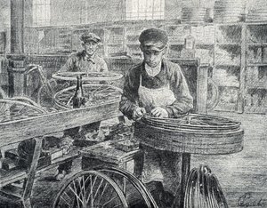 Arbeiter befestigen die Speichen an den Felgen eines Fahrrads während der Herstellung (Gravur aus der Sammlung Pierre Calmette) von Pierre Calmettes