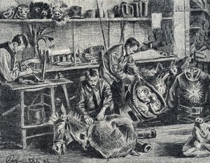 Werkstatt für Theater- und Showzubehörproduktion, Gravur von Pierre Calmette, Privatsammlung