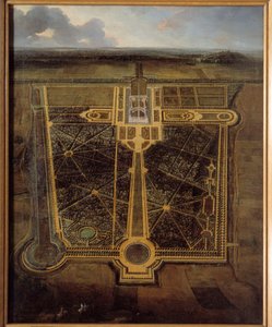 Perspektivische Ansicht eines Schlosses und eines französischen Parks