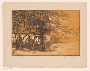 Landschaft mit Bauernhof hinter Bäumen