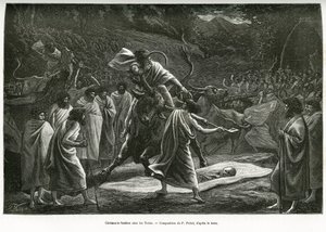 Eine Beerdigungszeremonie für die Todas, eine kleine pastorale Gemeinschaft auf dem Nilgiri-Plateau (Südindien), während der Beerdigung werden Rinder geopfert. Gravur von P. Fritel, um den Bericht Erinnerungen an eine Reise zu den Nilgherries zu illustrier