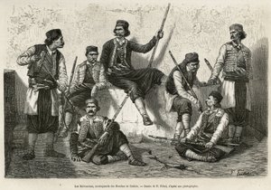 Die Krivoscianer, Bergbewohner der Bucht von Kotor (oder Kotor, Bucht an der westlichen Küste Montenegros), bewaffnet, um der Macht der österreichischen Truppen zu widerstehen. Gravur nach der Zeichnung von P. Fritel, zur Illustration der Reise nach Dalmat von Pierre Fritel