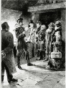 Ein deutscher Offizier fordert Boulle de suif im Austausch für die Freiheit aller verhafteten Passagiere in der Kutsche. In „Boule de suif“ von Guy de Maupassant (1850-1893). Illustration von P. G. Jeanniot (1848-1934). Veröffentlicht bei Ollendorff von Pierre Georges Jeanniot