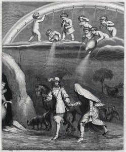 Enee und Didon vom Regen im Wald überrascht. Illustration aus „Virgil travesti“ von Paul Scarron (1610-1660), eine Parodie der „Aeneis“. Gravur von Staal.