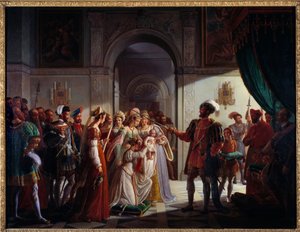 Francois I. (1494-1547) bewaffneter Ritter mit seinem Enkel Francois II. (1544-1560). Der junge Prinz wird von seinen Eltern Heinrich II. (1519-1559) und Katharina von Medici (1519-1589) begleitet.