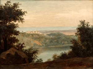 See Nemi, im Hintergrund die Stadt Genzano, spätes 18. frühes 19. Jahrhundert
