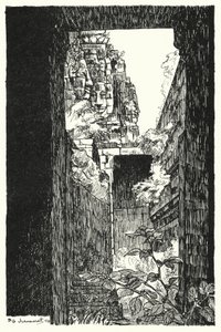Im Bayon, Blick durch ein eingestürztes Dach (Gravur) von Pierre Jeannerat de Beerski