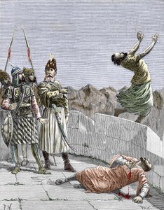 Ismailitische Sekte des Ostens oder Mörder, gegründet von Hassan ibn al-Sabbah (1036-1124), bekannt als der alte Mann vom Berg, befiehlt zwei seiner fanatischen Anhänger, sich selbst zu töten, Alamut, Persien, um 1096