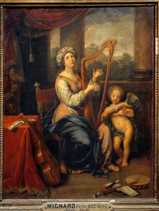 Die heilige Cäcilia singt das Lob des Herrn. Die Heilige spielt Harfe und ist von Instrumenten umgeben. Gemälde von Pierre Mignard (1612-1695) 1691