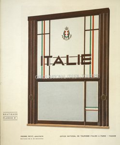 Office National de Tourisme Italien in Paris, Pierre Petit, Boutiquen, Henry Delacroix, Editions S De Bonadona, Paris, späte 1920er, Pochoir-Druck von Pierre Petit