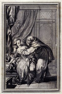 Wie der Geist zu den Mädchen kommt. In „Erzählungen und neue Verse“ von Jean La Fontaine. 1776. Illustration von P.P. Choffard. von Pierre Philippe Choffard