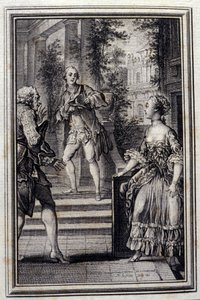 Die Vertraute ohne Wissen oder das Stratageme - in „Tales et nouvelles en vers“ von Jean La Fontaine. 1776. Illustration von P.P. Choffard.