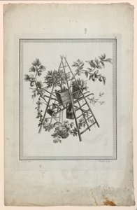 Trophäe mit Gartenwerkzeugen, Platte 2 aus "Suite de différentes Attributs, Trophées, et Groupes de fleurs," Suite II von Pierre Ranson