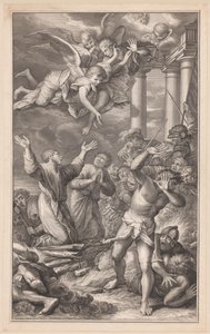Kosmas und Damian auf dem Scheiterhaufen, umgeben von Soldaten und Engeln von Pierre Simon (I)