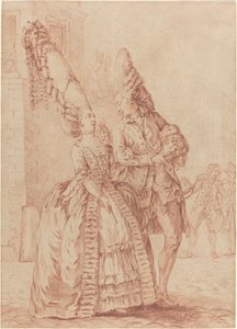 Eine Dame und ein Herr mit übertriebenen Kopfbedeckungen