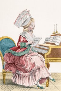 Junge Frau, die Musik an ihrem Cembalo studiert, graviert von J. Pelicier, Platte 149 aus 