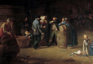 Eigentümer besucht seinen Keller in Burgund. Ein Winzer kontrolliert den Zustand der Weinproduktion in seinem Weinberg. Detail. Gemälde von Jean Baptiste Olagnon, 19. Jahrhundert