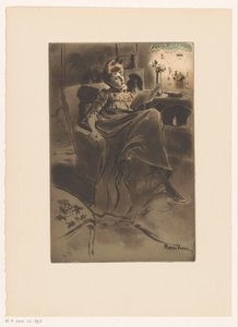 Interieur mit einer lesenden Frau auf einem Stuhl