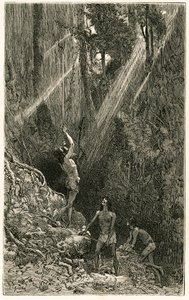 Suno-Indianer, von den Ufern des Napo-Flusses (Amazonas), jagen mit Blasrohr. Gravur von Vignal, zur Illustration der Geschichte „Amazonas und Kordilleren“