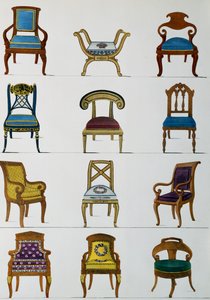 Sessel, Stühle und Fußschemel, Illustration aus Collection de meubles et objects de gout von Pierre de La Mesangere