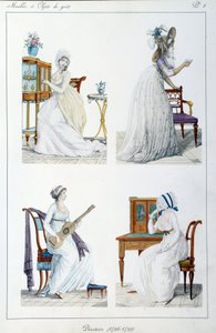 Porträts von Frauen der Zeit des Exekutivdirektoriums, die sich mit verschiedenen künstlerischen und sozialen Aktivitäten beschäftigen. Platte aus der Sammlung „Collection de meubles et objets de taste“ von Pierre de la Mésangère (1761-1831). 1802. Paris, 