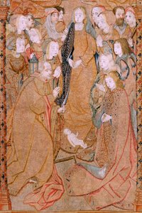 Flämischer Wandteppich. Serie Triumphe der Mutter oder Paños de Oro. Geburt Christi (Nacimiento de Cristo). Dritter Wandteppich in der Serie. Modell Colin de Cooter (?). Herstellung Pieter van Aelst (oder van Edingen), Brüssel. Ca 1500-1502. Stoff Gold, Si von Pieter (attr. to) Coecke van Aelst