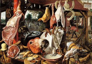 Metzgerstand mit der Flucht nach Ägypten von Pieter Aertsen